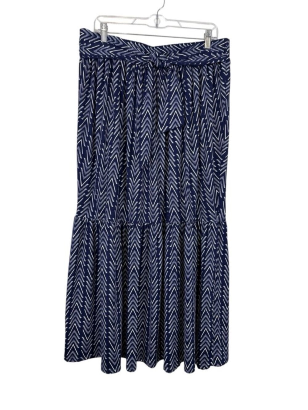 Navy Blue Chevron Print Tie Waist Midi Skirt Flowy Boho SzXL